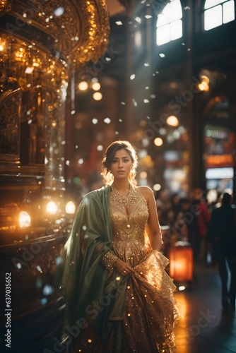 A woman in a stunning gold and green dress