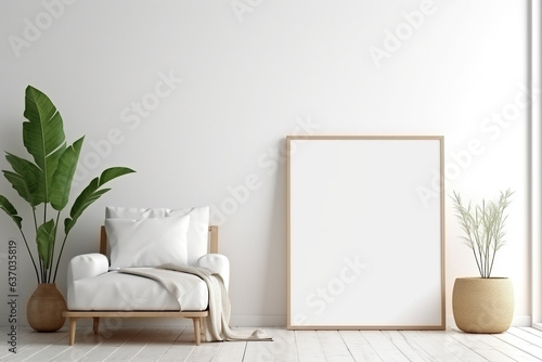 Rectangular vertical frame poster mockup, Scandinavian style interior with home decoration on the floor Empty neutral white wall background. 3D render illustration