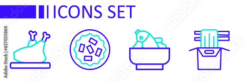 Set line Asian noodles in paper box, Rice with fish bowl, Homemade pie and Roasted turkey or chicken icon. Vector