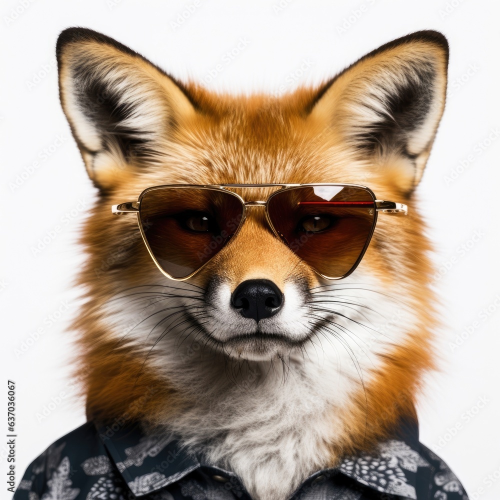 close-up of Fox with sunglasses on white background
