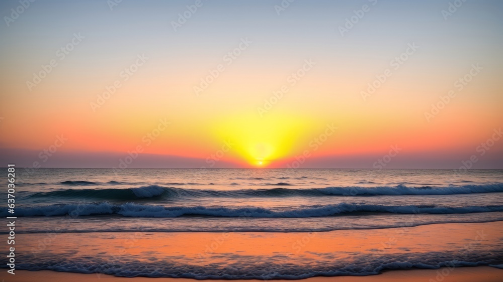 Delineate a sandy shoreline kissed by fragile waves and the warm tones of a setting sun. Creative resource, AI Generated Delineate a sandy shoreline kissed by fragile waves and the warm tones of a setting sun. Creative resource, AI Generated