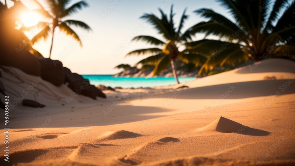 Sand with obscured palm and tropical shoreline bokeh foundation, summer excursion and travel concept. Creative resource, AI Generated