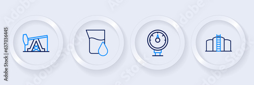 Set line Oil tank storage, Motor gas gauge, petrol test tube and pump pump jack icon. Vector
