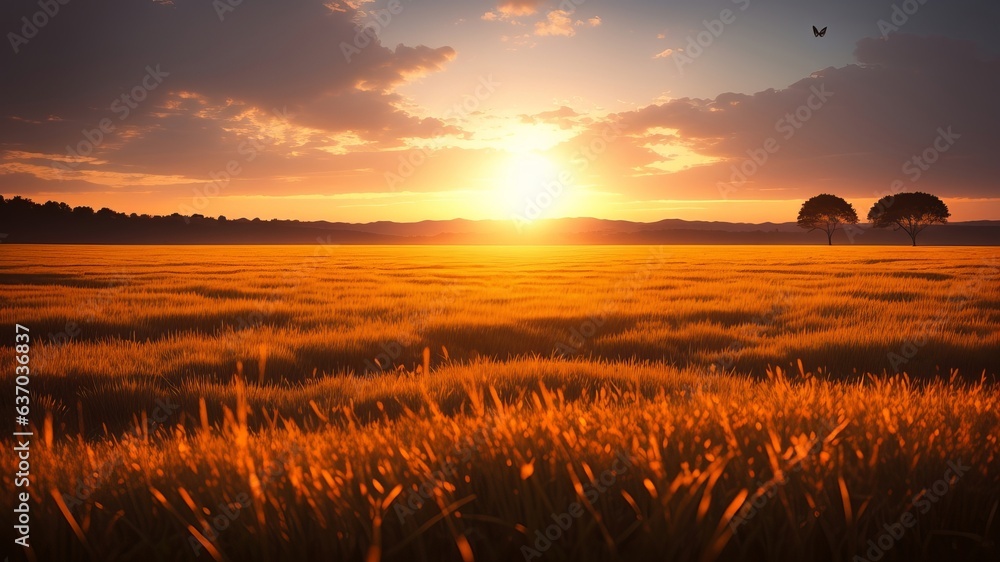 Fototapeta premium One of a kind collect time field scene at sunset with unstable center. dry ears of grass insides parts the glade and a flying butterfly. Creative resource, AI Generated