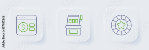 Set line Casino chips, Slot machine and Online poker table game icon. Vector
