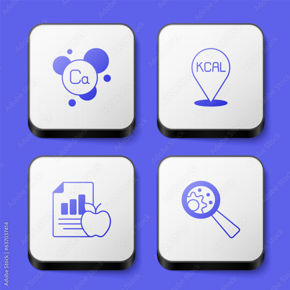 Set Calcium, Kcal, Diet plan and GMO icon. White square button. Vector Set Calcium, Kcal, Diet plan and GMO icon. White square button. Vector