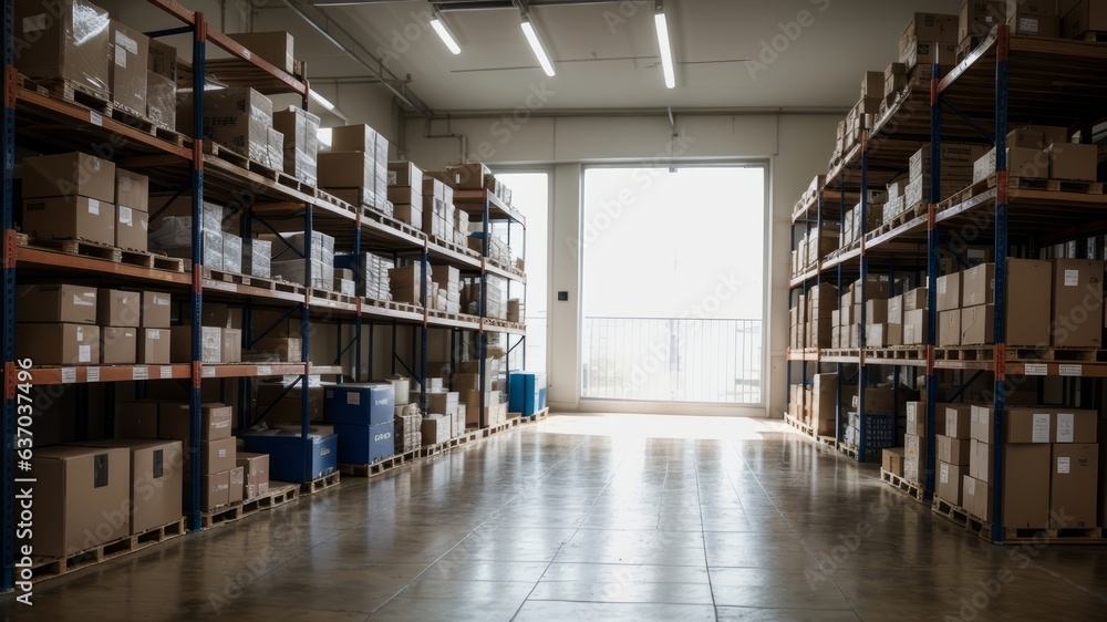 A colossal stockroom with varying things. Columns of racks with boxes. Creative resource, AI Generated