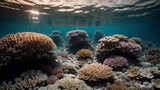 A coral reef prospering with marine life, appearing the dispersal of colors underneath the ocean's surface. Creative resource, AI Generated