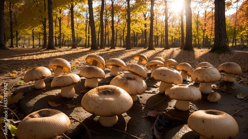 Consumable cep mushrooms in a sunny collect time forest. Creative resource, AI Generated