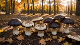 Consumable cep mushrooms in a sunny collect time woodland. Creative resource, AI Generated