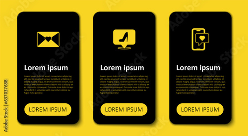 Set Mobile with heart, Woman shoe and Envelope 8 March. Business infographic template. Vector