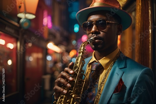 A man playing a saxophone in a stylish suit and tie