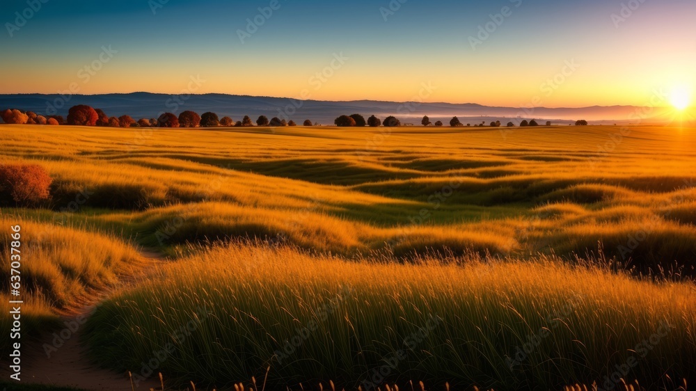 Unique harvest time field scene at dusk with delicate center. dry ears of grass within the knoll and a flying butterfly. Creative resource, AI Generated