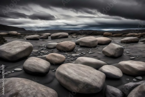  a collection of gray rocks nestled under a somber and cloudy sky