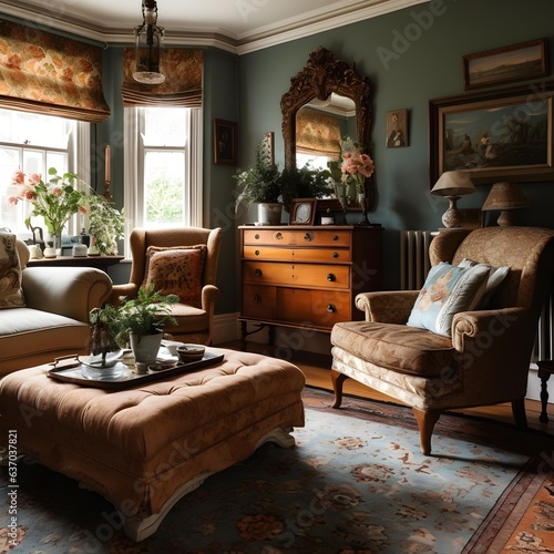living room with vintage retro armchair and chest of drawers