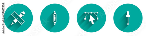 Set Crossed ruler and pencil, Marker, Bezier curve and Eyedropper color picker palette icon with long shadow. Vector