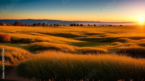 Unique harvest time field scene at dusk with delicate center. dry ears of grass within the knoll and a flying butterfly. Creative resource  AI Generated