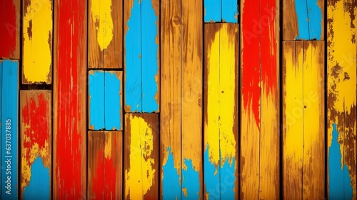 Surface of vintage wood sheets with part paint of white, rosy, yellow and blue color. Level retro establishment with wooden sheets of unmistakable colors. Creative resource, AI Generated