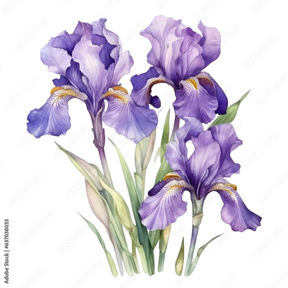 Iris flower watercolor illustration isolated on transparent background