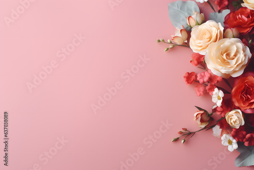 Beautiful composition rose flower bouquet on plain color background with copy space