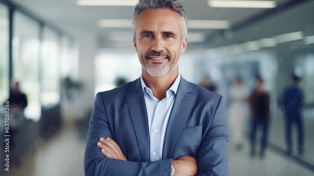 Confident mature business man with smile standing on blurred bright office background, CEO portrait concept. Confident mature business man with smile standing on blurred bright office background, CEO portrait concept.
