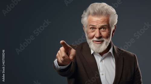 Senior man pointing with hand and finger to the side looking at the camera.