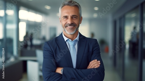 Confident mature business man with smile standing on blurred bright office background, CEO portrait concept.
