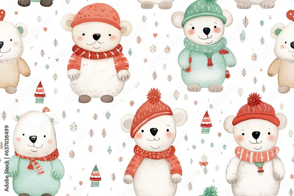 Mix Christmas teddy bears on white seamless background, wrapping paper