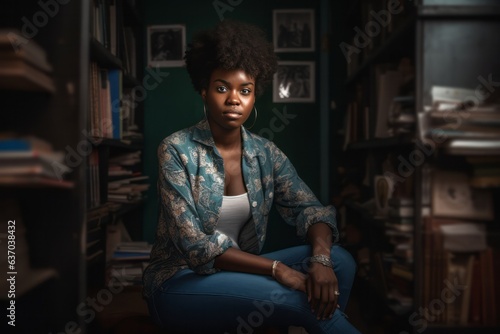 Young black women with an afro style hair with a colorful floral shirt is sitting in front of a bookcase inside a school library 