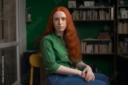 A young white red-haired woman with green eyes sitting in front of a bookcase inside a school library 