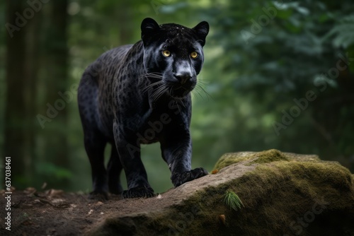 A shallow depth-of-field portrait of a black panther looking at the camera a green forest background