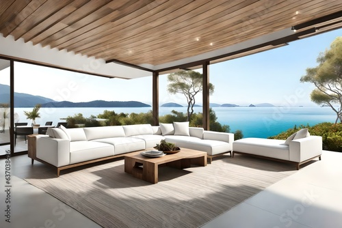 Modern Luxury Coastal Living Room Design with Panoramic Ocean View and Elegant White Sectional Sofa - Exclusive Waterfront Property Interior © rao zabi
