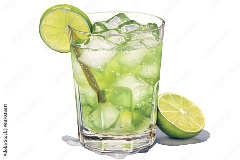 Glass with mojito, green lime drink watercolor illustration isolated on transparent background Glass with mojito, green lime drink watercolor illustration isolated on transparent background