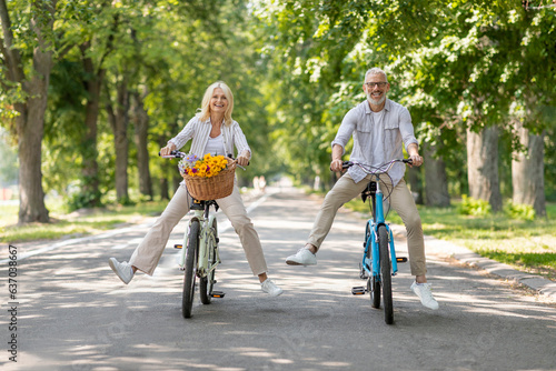 Wallpaper Mural Portrait of happy senior couple riding bicycles at summer park Torontodigital.ca