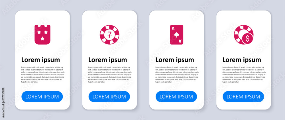 Set Casino chips, Playing card with spades symbol, and Lottery ticket. Business infographic template. Vector Set Casino chips, Playing card with spades symbol, and Lottery ticket. Business infographic template. Vector