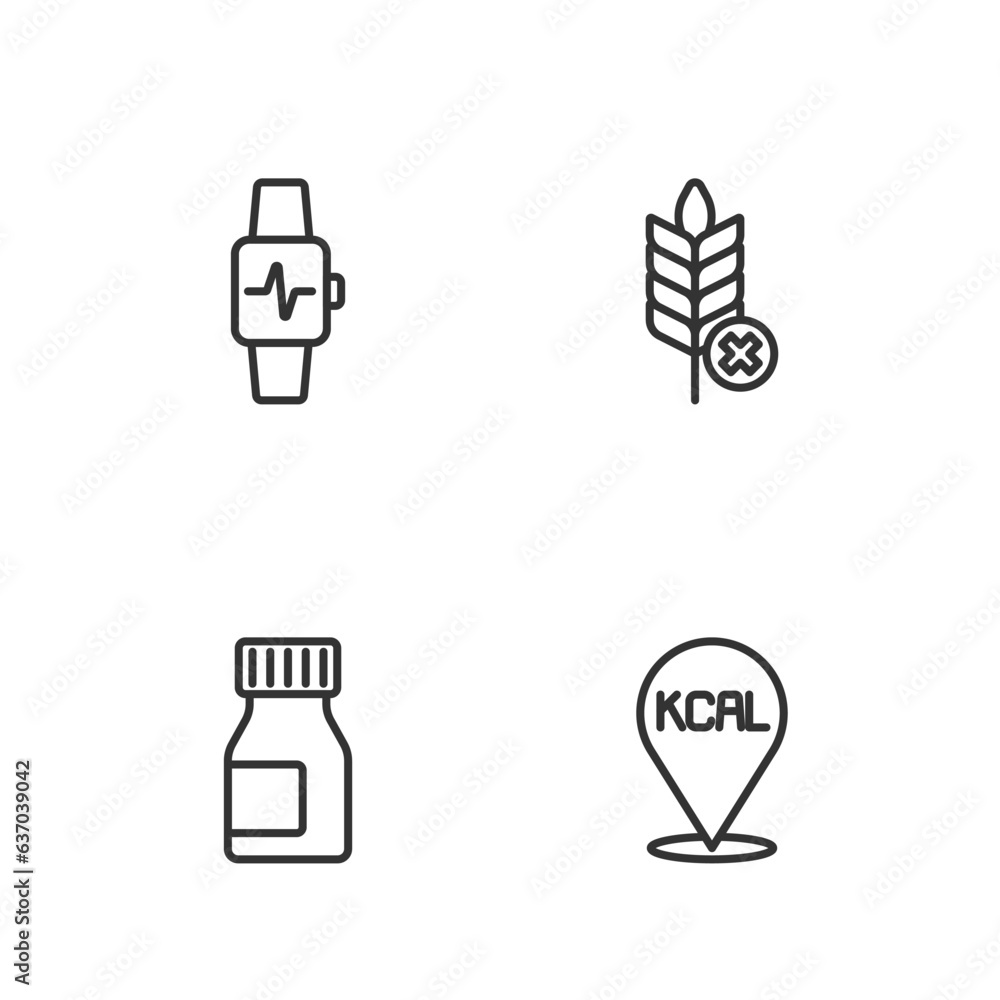 Set line Kcal, Vitamins, Smart watch with heart and Gluten free grain icon. Vector Set line Kcal, Vitamins, Smart watch with heart and Gluten free grain icon. Vector