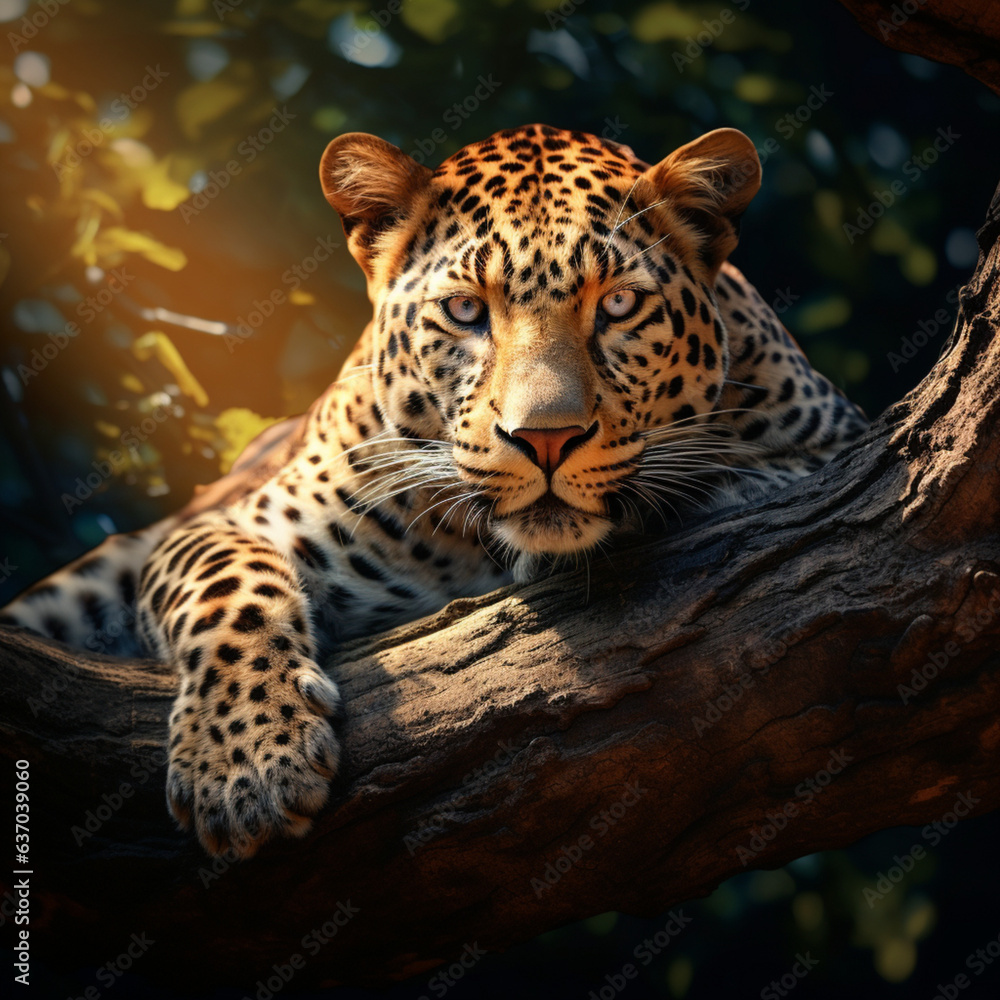 Fototapeta premium Leopard up a tree. Generative AI.