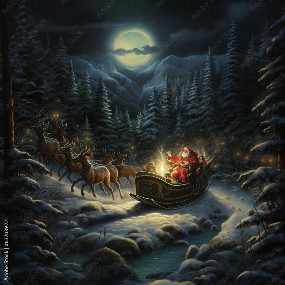Obraz premium Santa Claus in his reindeer sleigh. Santa's sleigh. Generative AI.