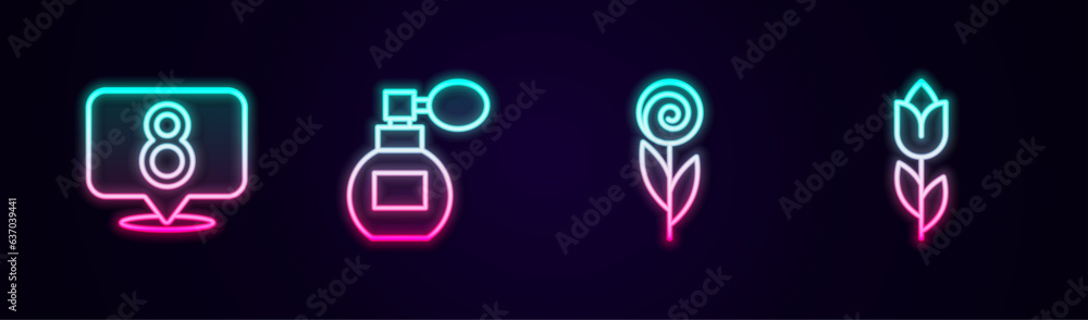Set line 8 March, Perfume, Flower and tulip. Glowing neon icon. Vector Set line 8 March, Perfume, Flower and tulip. Glowing neon icon. Vector