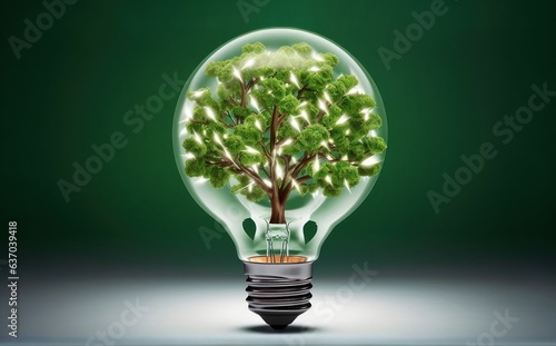 Light bulb full of green leaves and tree on dark green background