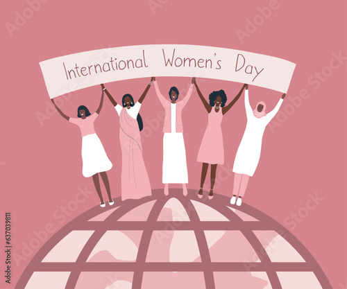 Diverse group of women are standing together on the globe, holding poster. International Women's Day concept. Female solidarity. Silhouettes of different women. Vector illustration in pink