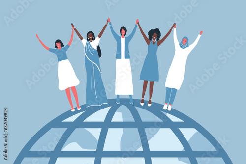 Diverse group of women. International Women's Day concept. Women holding hands, stand on the globe. Female solidarity. Silhouettes of different women. Vector illustration in blue