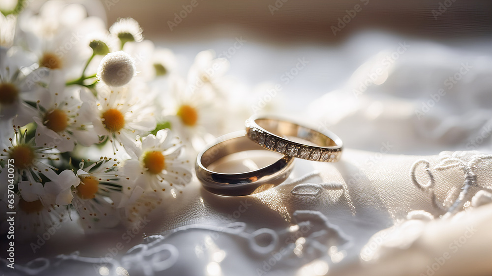 Two wedding rings lie on light satin. Generative AI technology. Two wedding rings lie on light satin. Generative AI technology.