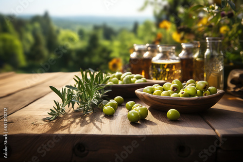 Wooden Table with Olives Fruits and free space on nature blurred background