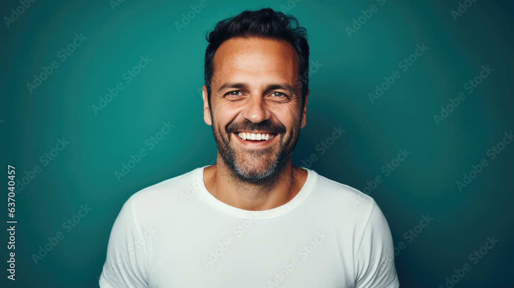 Fototapeta premium Man standing in front of camera in white T-shirt , isolated on blue background