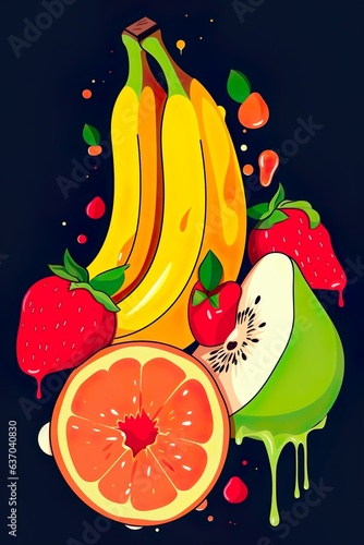 Colorful Fresh Fruit Illustration with Banana, Strawberry, Orange, Apple and Pear