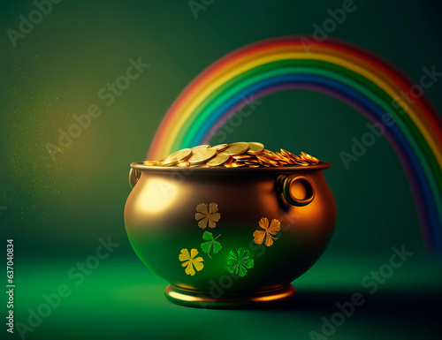 St Patrick's Day Pot of Gold Coins with Shamrocks and Rainbow on Green Background
