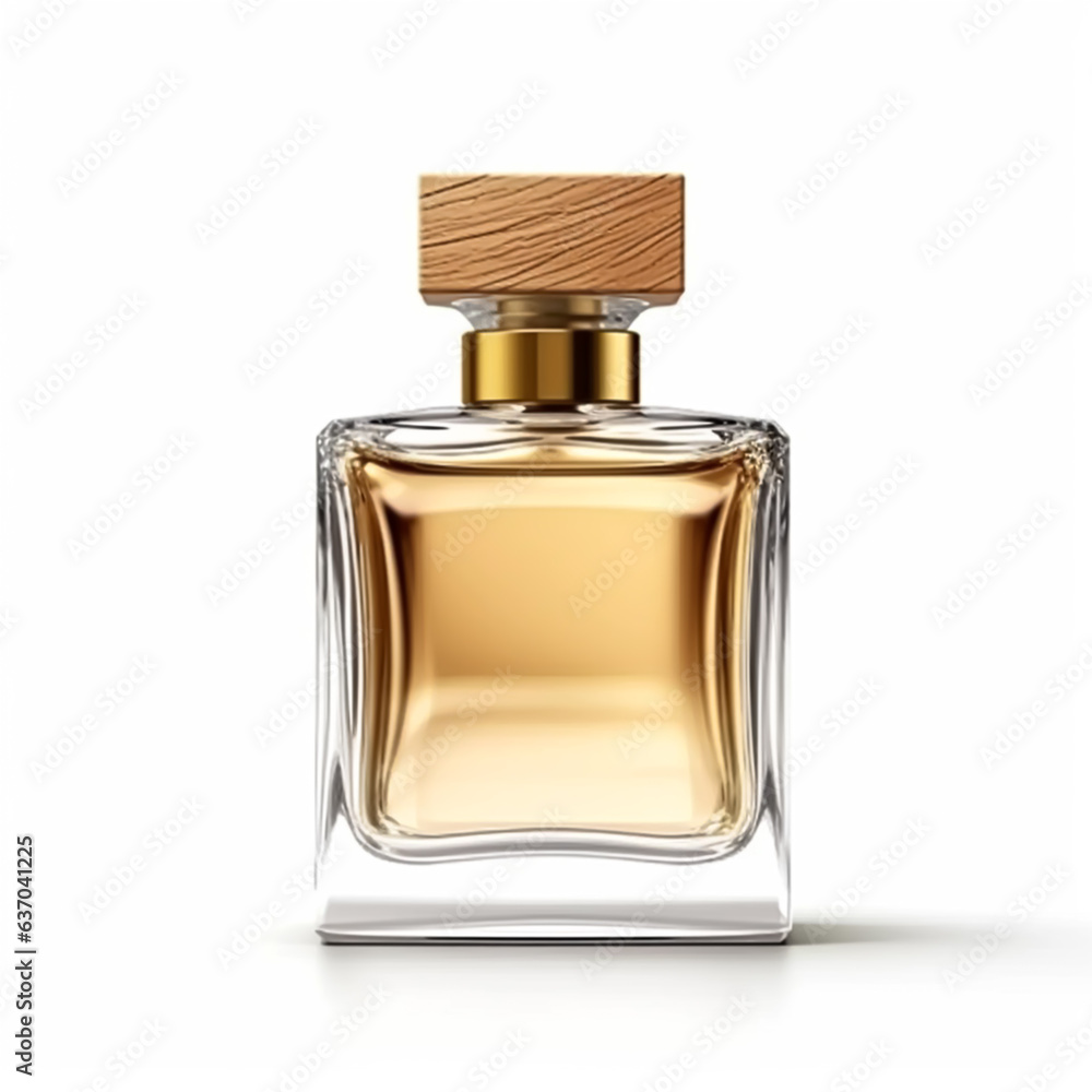 Mens perfume bottle with wooden cap isolated on white background, elegant fragrance and luxury scent, generative ai Mens perfume bottle with wooden cap isolated on white background, elegant fragrance and luxury scent, generative ai