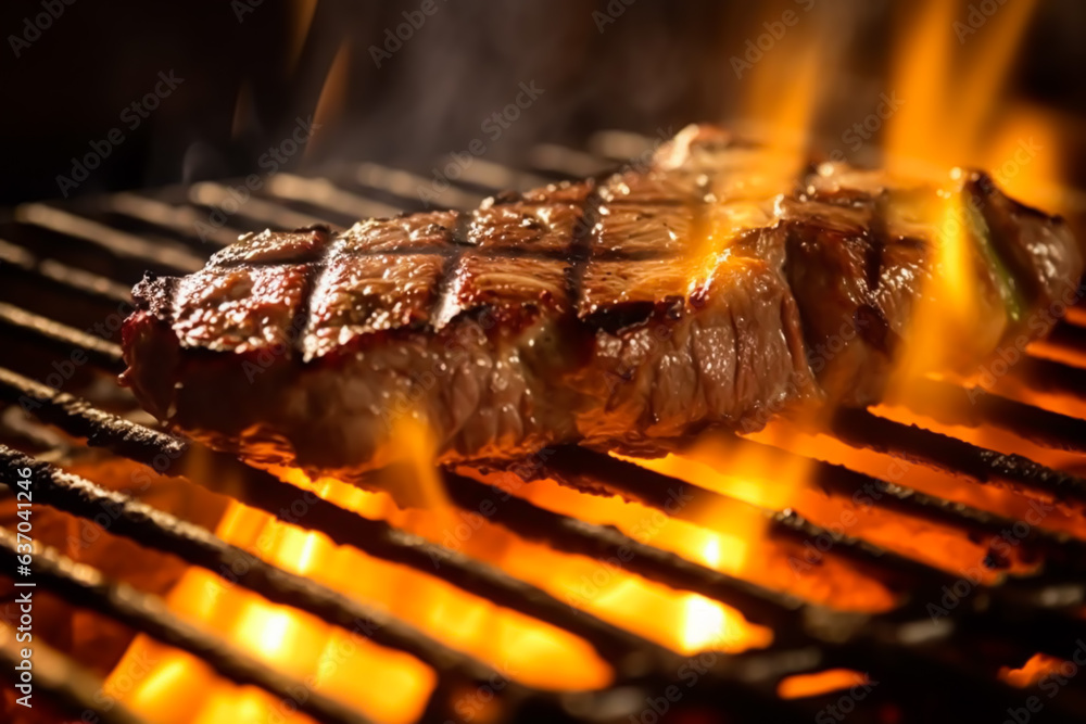 Meat beef steak grilled on fire, food bbq and hot grill, generative ai Meat beef steak grilled on fire, food bbq and hot grill, generative ai