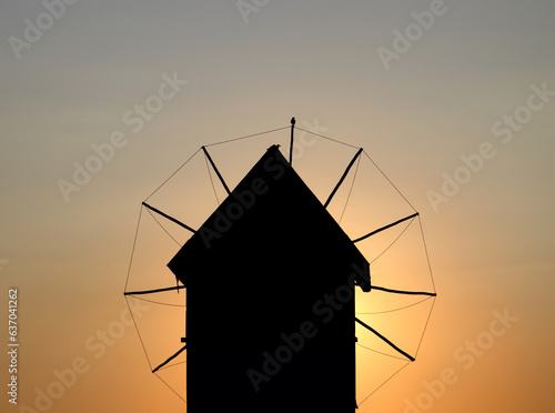 Old windmill silhouette in Nessebar Bulgaria